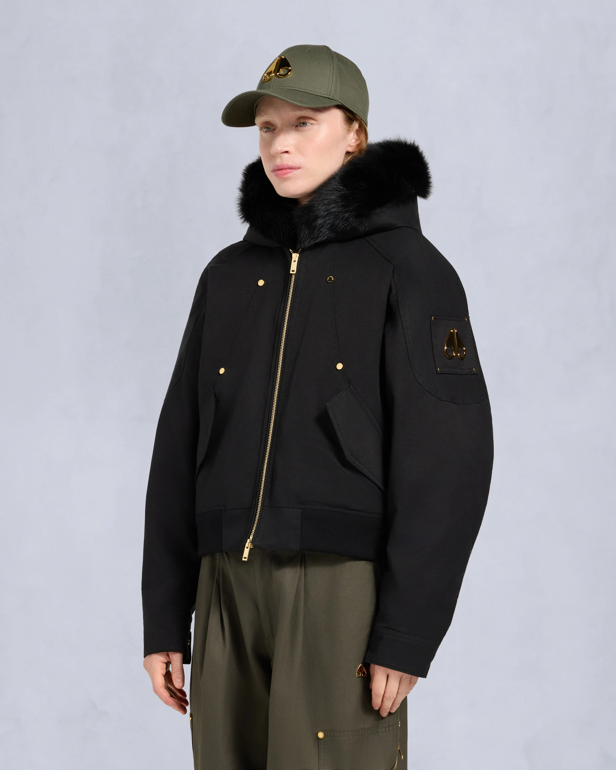 GOLD SERIES Logan Shearling Trim Bomber Jacket Black-Black